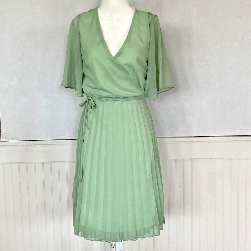 Pastel green Wrap Dress Accordion Pleated Skirt Sz6